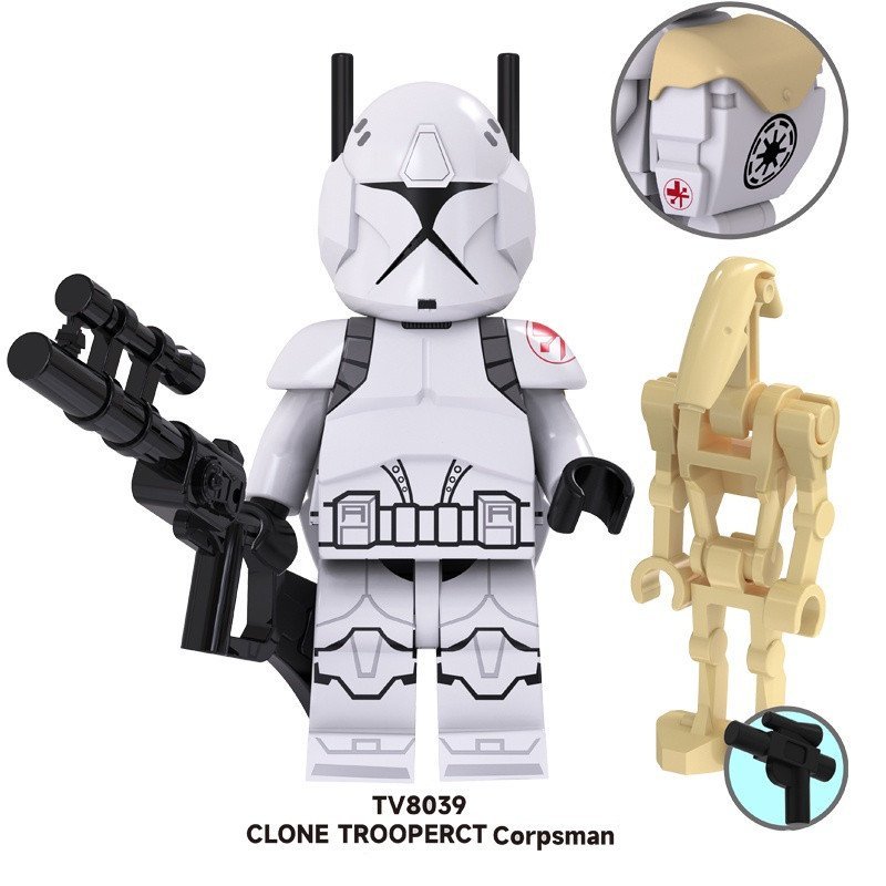 Soldado clone espacial, soldado médico Ashoka, guarda do templo Luke Skywalker, piloto C-3PO, robô de combate, mini bloc