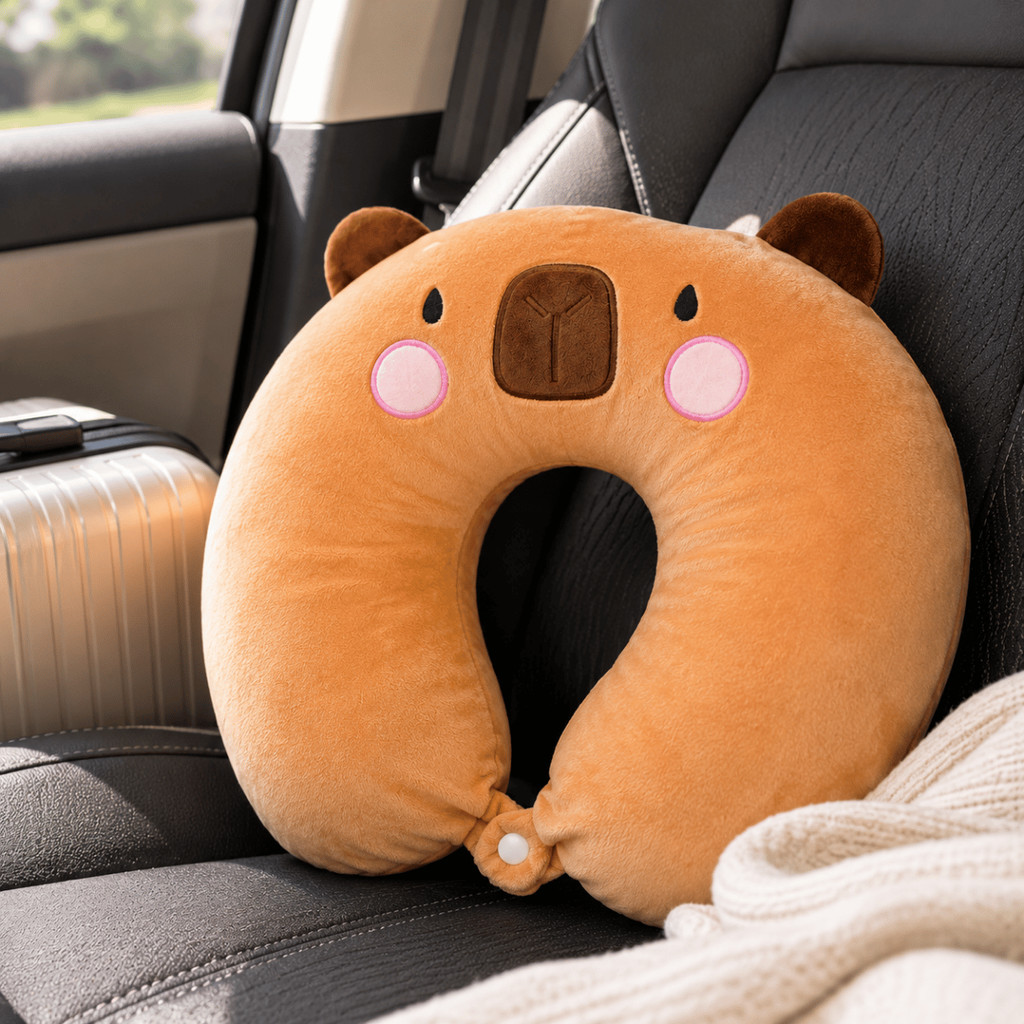 Travesseiro de pescoço tematico Capivara viagem Pescoço Apoio Cervical Ortopedico Carro Avião Pelucia Infantil Adulto