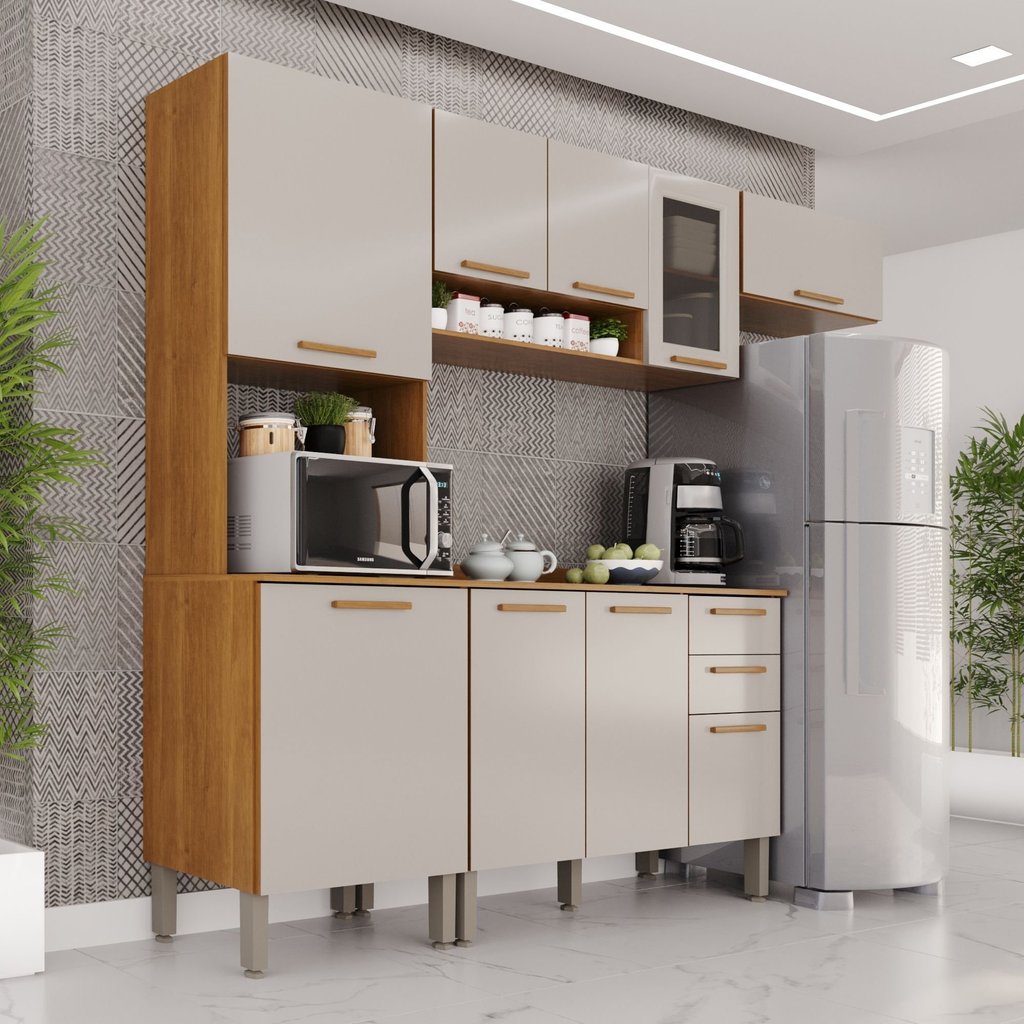 Cozinha Compacta Modulada 4 Peças 9 Portas 2 Gavetas Bella Branco/Cinamomo/Off White Cinamomo/Off White