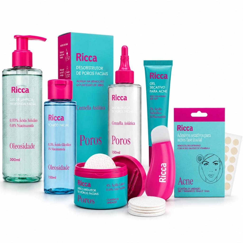 Kit Ricca Facial: Gel De Limpeza Profunda, Desobstrutor de Poros, Tônico, Disco e Gel Secativo + Mimo