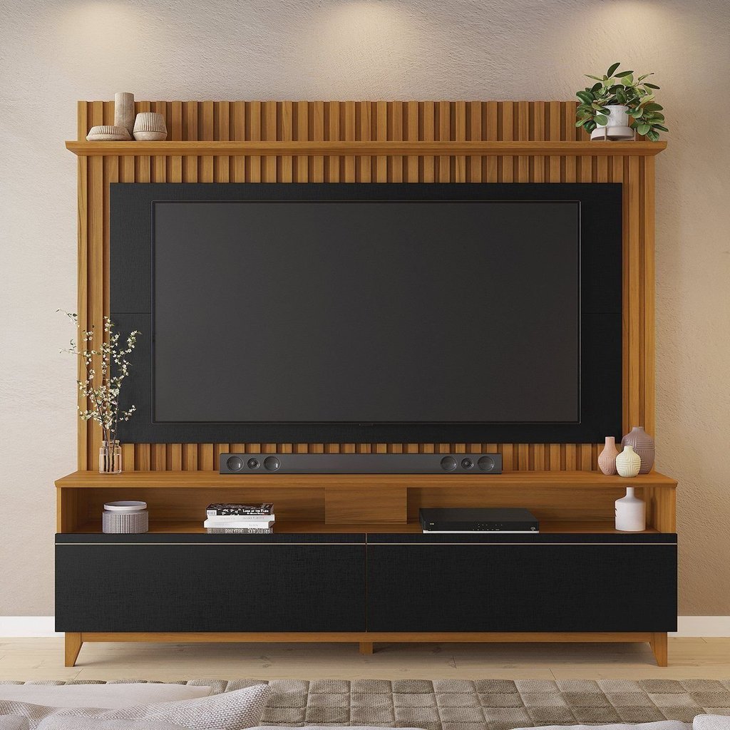 Estante para TV e Home Theater Ripado para TV até 65 Polegadas 183CMX188,5cm Detalhe da Nt 1340 Marrom Freijó/Preto