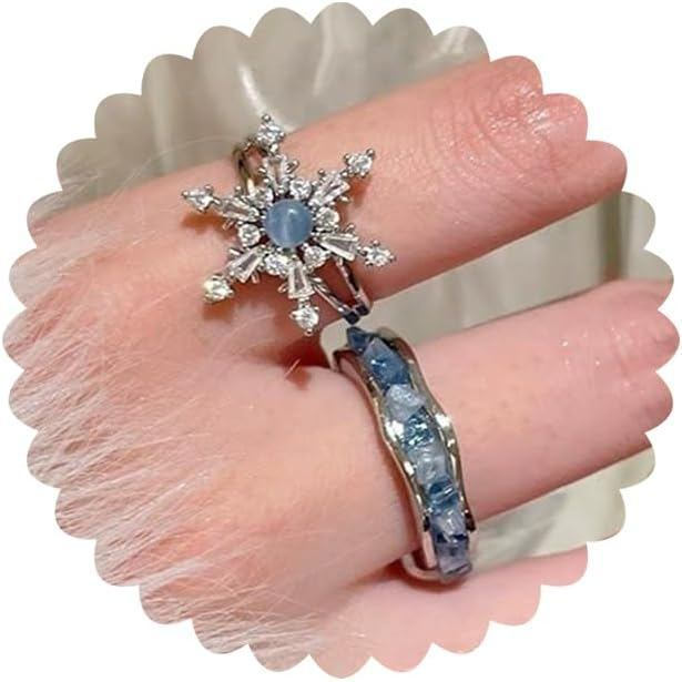 Anel feminino popular com design de floco de neve, elegante, incrustado com strass e pedra da lua, pode ser usado em cam
