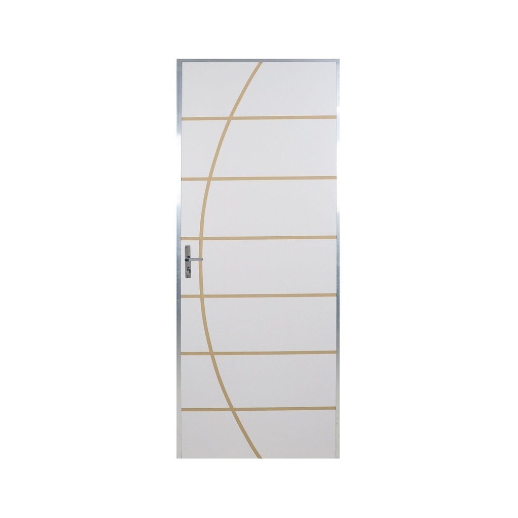 Kit Porta de Madeira Decorada 212x65cm com Batente de Alumínio 3,6cm Neblina MGM Abertura Esquerda Branco Branco