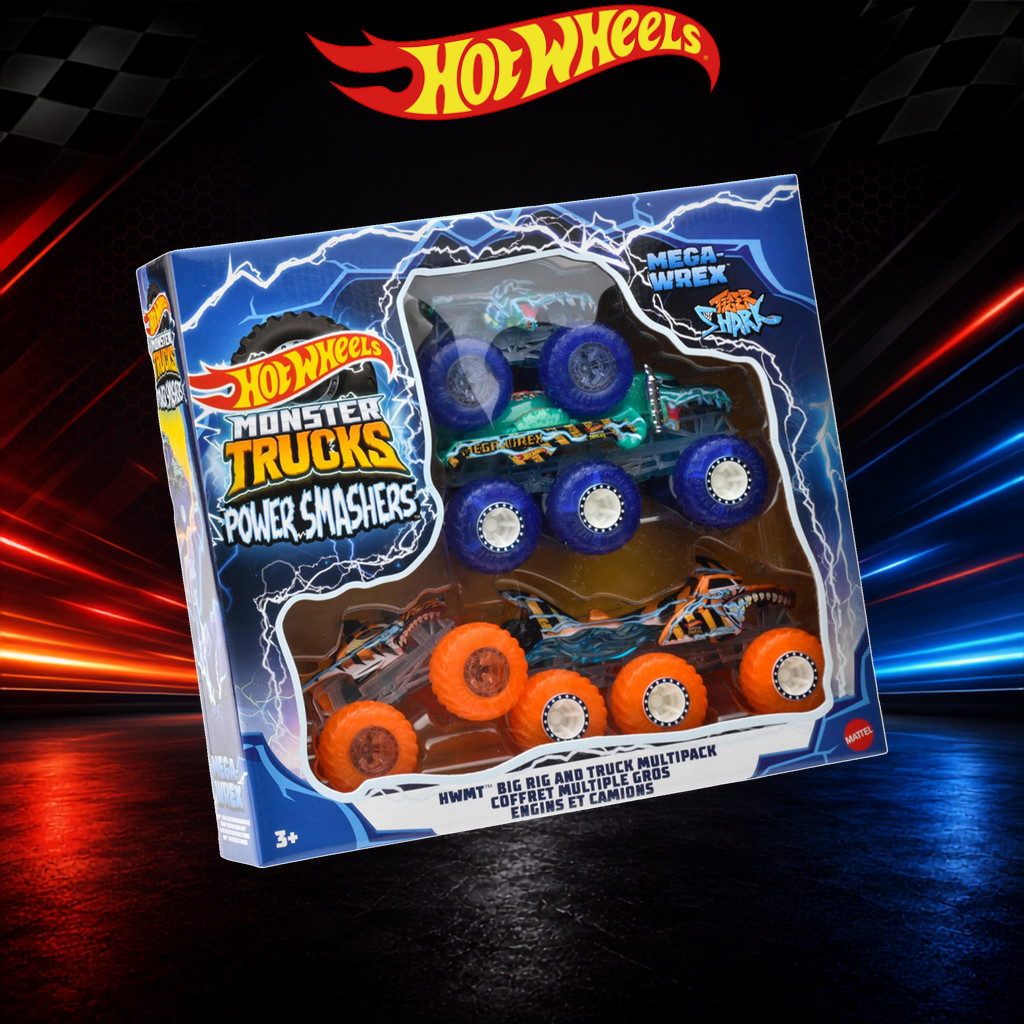 Hot Wheels Monster Trucks Transporter Set HYJ29 Blue Orange 1:64 4-Pack Die-Cast Vehicles Box Set
