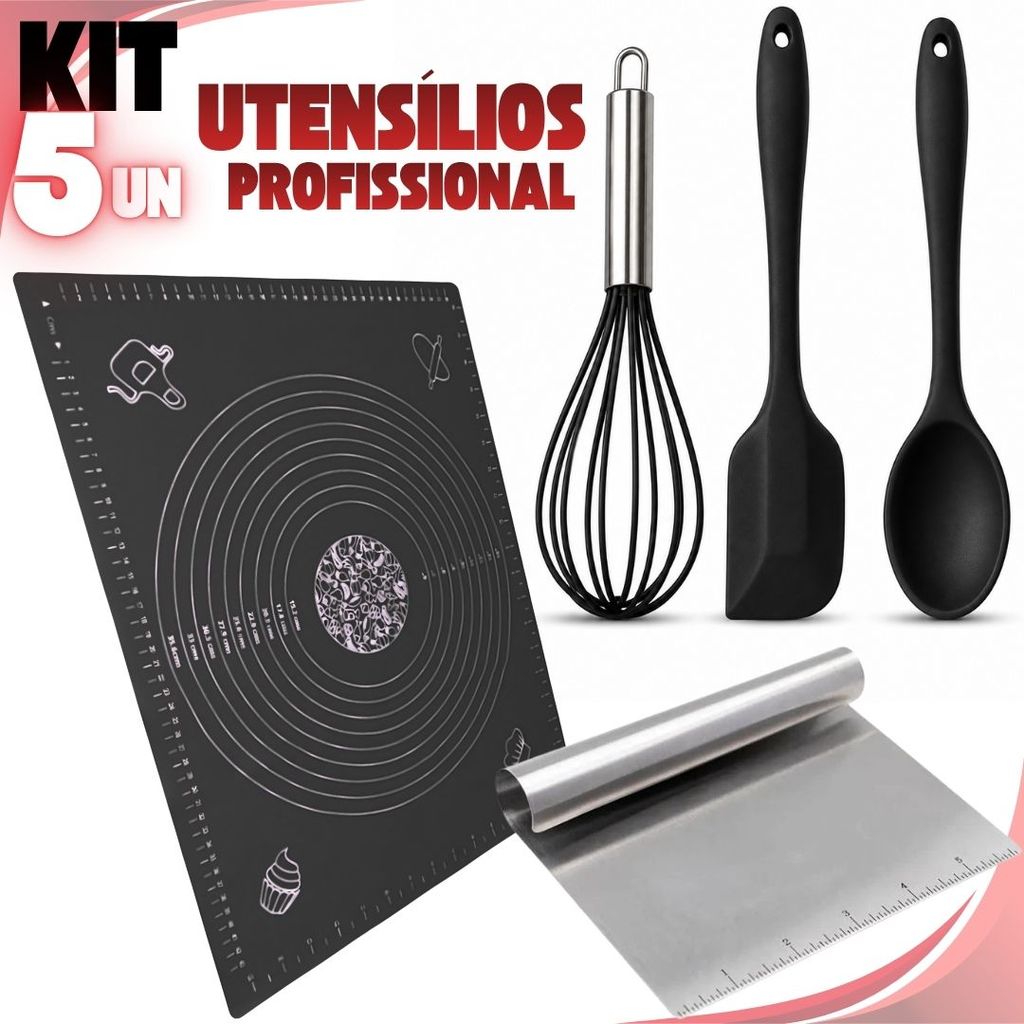 Kit Utensilios de Silicone + Tapete Silicone Culinario 30x40 + Espatula Tubular em Aço Inoxidavel