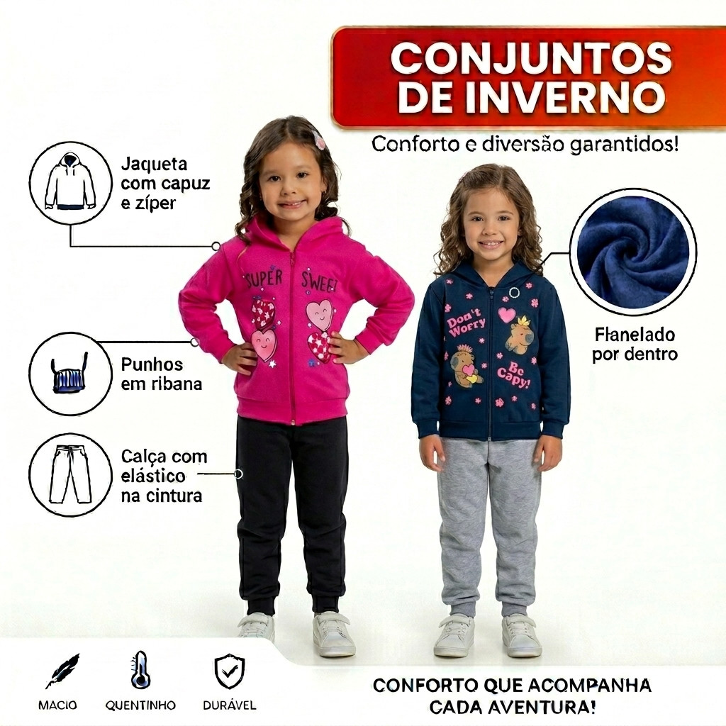 Conjunto Infantil Feminino Inverno Moletom Flanelado