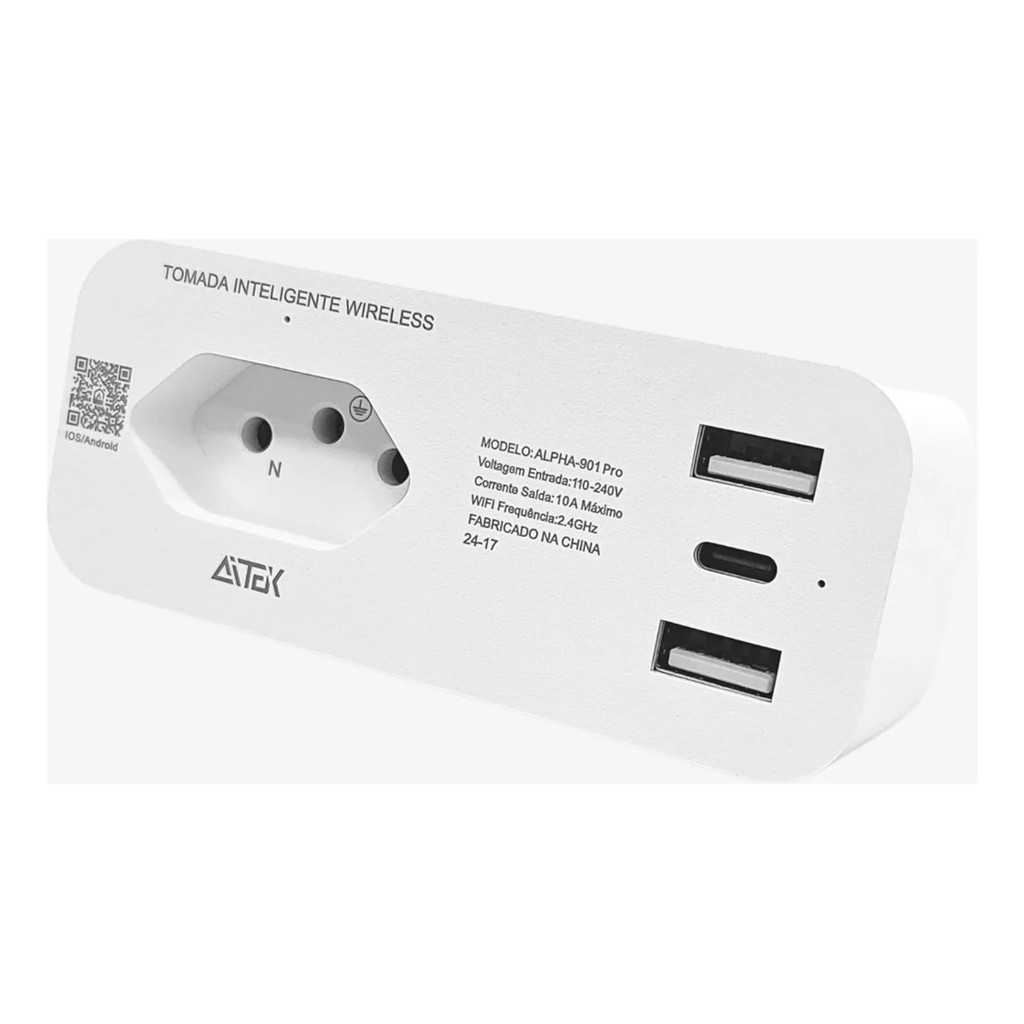 Tomada Inteligente Wi-Fi 3 Pinos 2 USB 1 Tipo-C Alexa Google