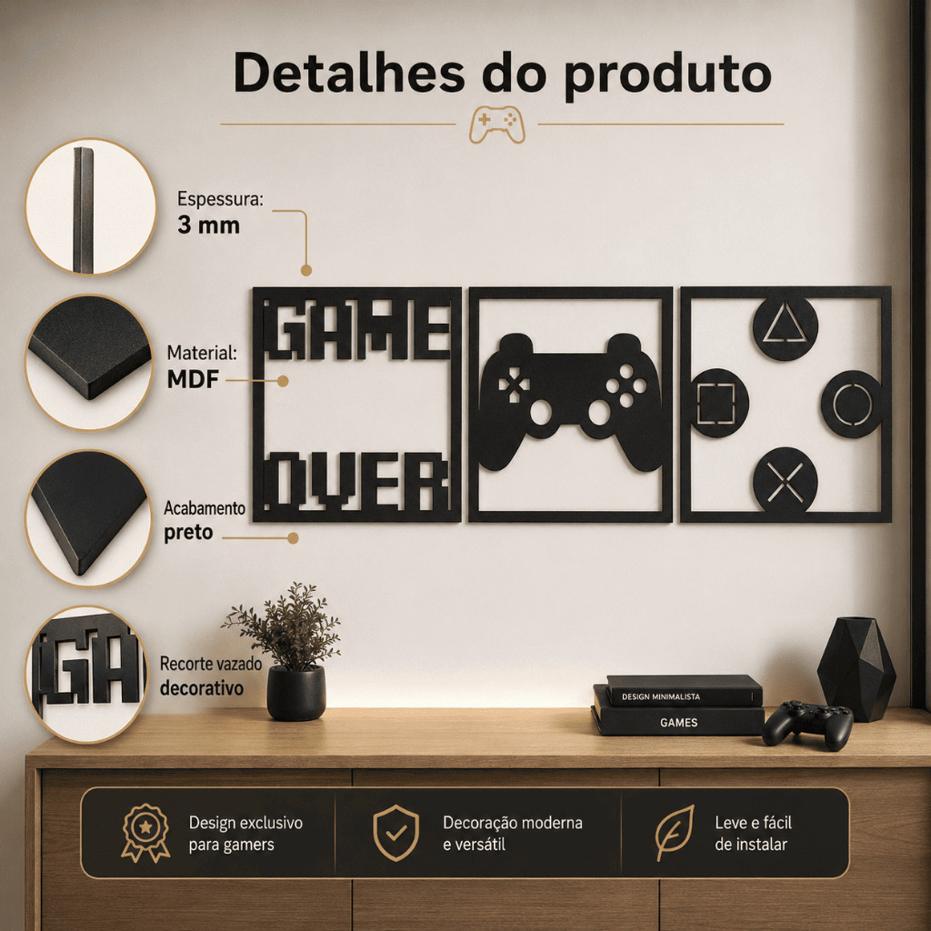 Kit 3 Quadros Decorativos Gamer MDF Preto 3mm Game Over Controle Quarto Sala 30x30 15x15