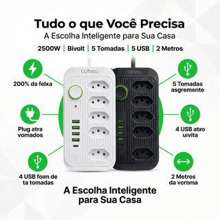 Estação de Energia 10 em 1 | 2500W, 5 Tomadas + 4 USB + 1 Type-C, Bivolt Automático, 2m Cabo