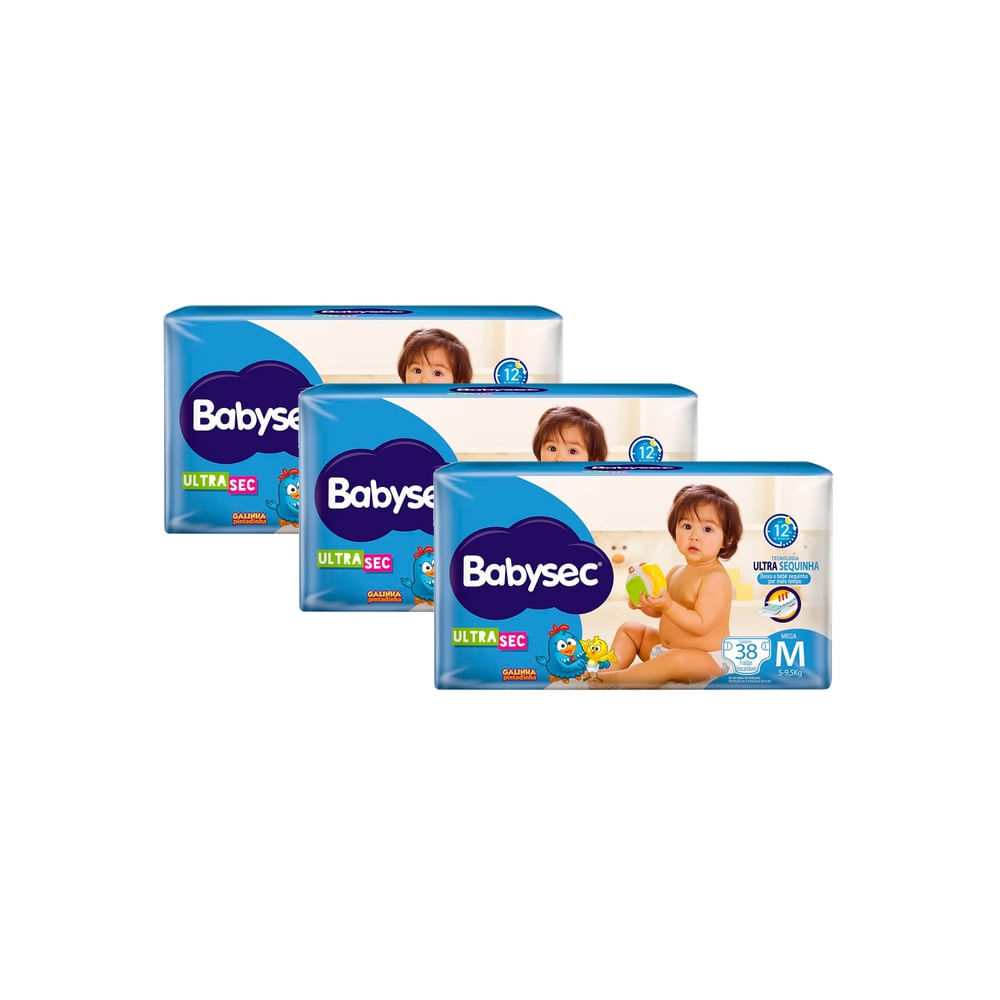 Kit 3 Fralda Babysec Ultrasec Tamanho M Pacote Mega 38 Unidades
