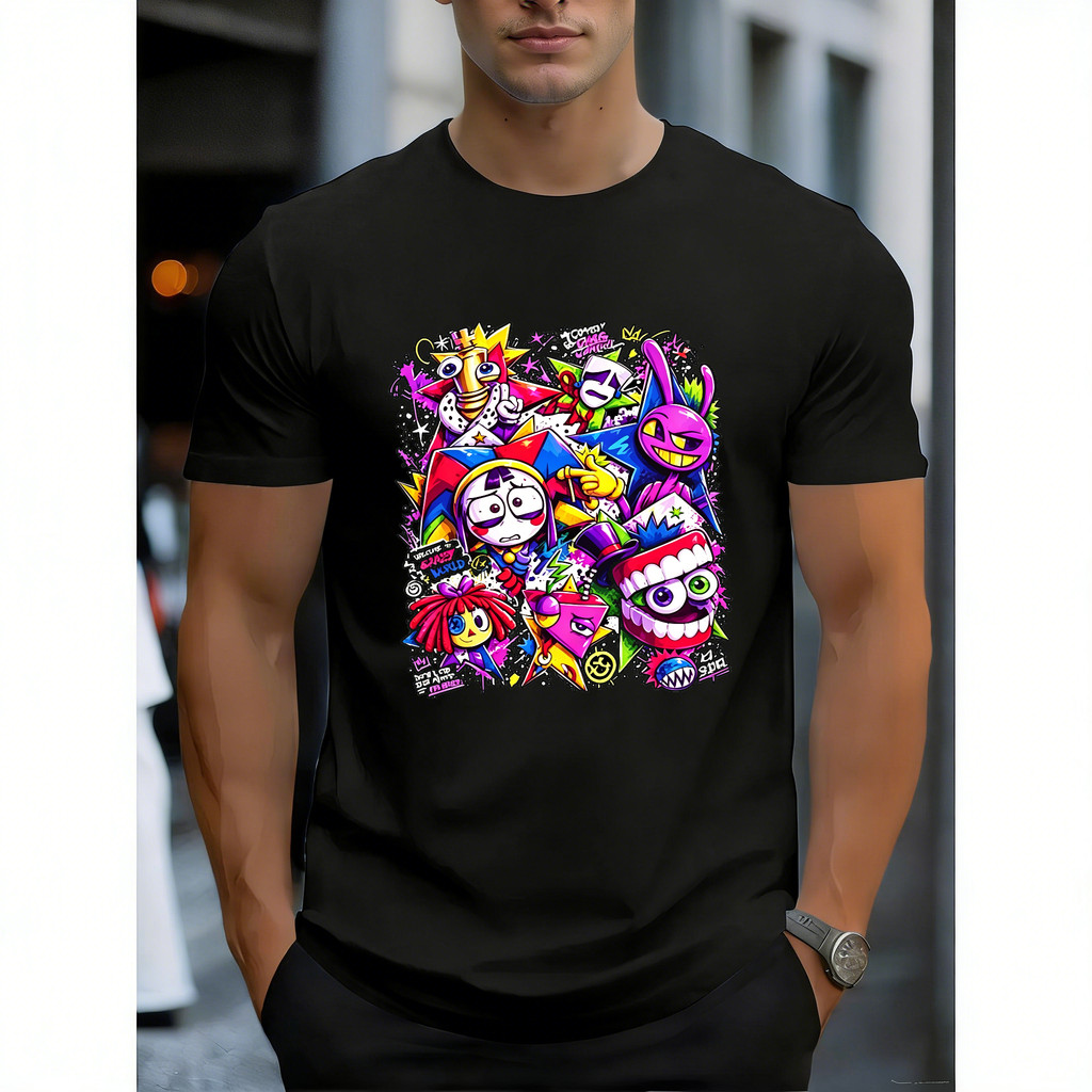 Camiseta Masculina Estampa de Personagens Coloridos Divertidos e Exuberantes e Com Design Arrojado Moderno e Estiloso