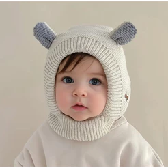 Bonito Chapéu Do Bebê Inverno Dos Desenhos Animados Orelha De Malha Earmuffs Gorro Cor Sólida Engrossar Pelúcia Quente P