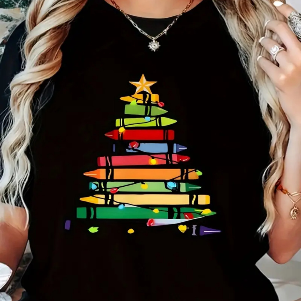 Camiseta Plus Size Feminina Estampa Geométrica de Árvore de Natal -Blusa de Gola Redonda em Poliéster com Elastano Médio