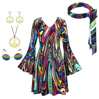 Fantasia Hippie Feminina Dois Anos 70 , Vestido Retro Com Estampa Manga Longa E Tiara , Discoteca , Salão De Baile .