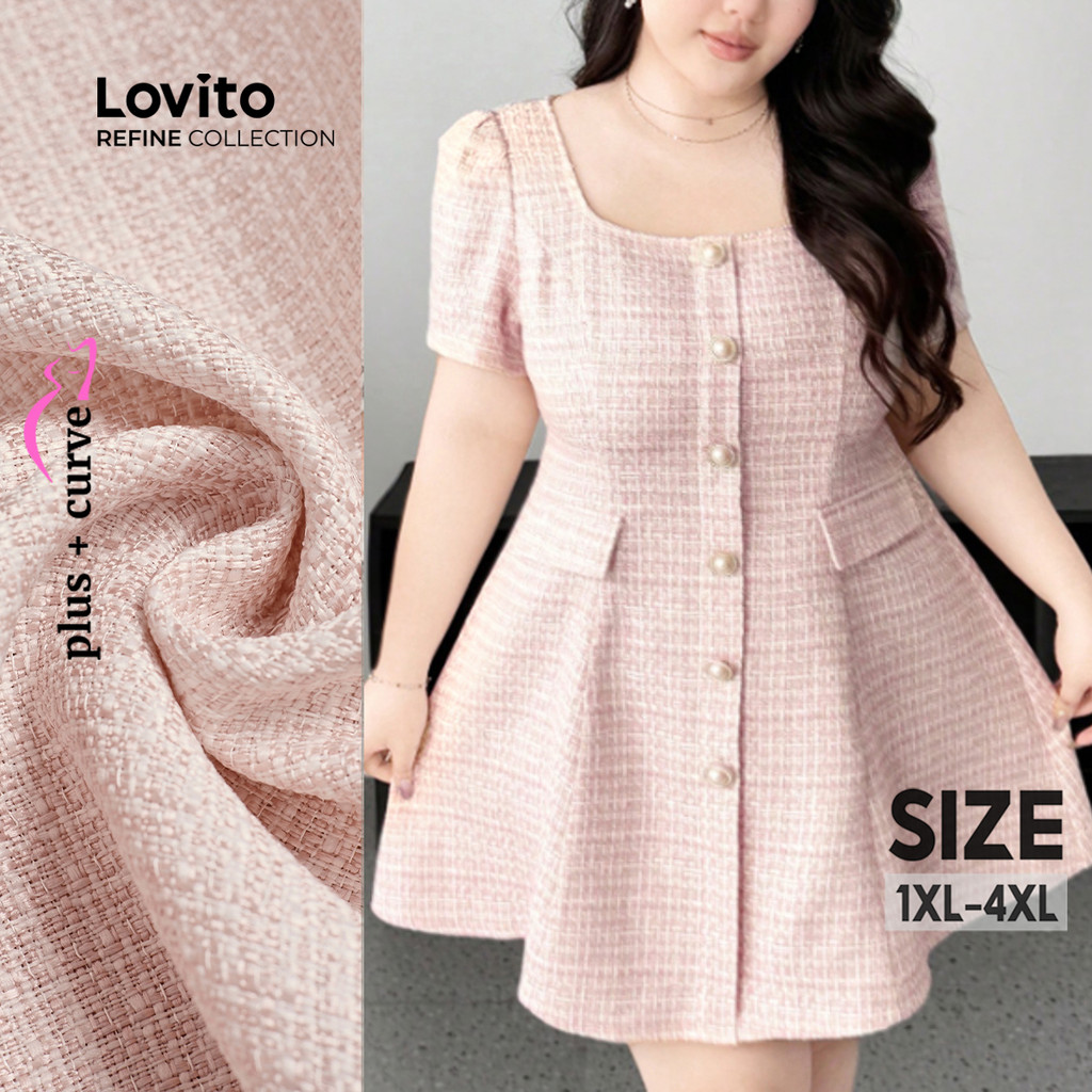 (Casual) (Refine by Lovito) Vestido com Botão Dobrado para Primavera/verão Rosa para mulheres LR18E073