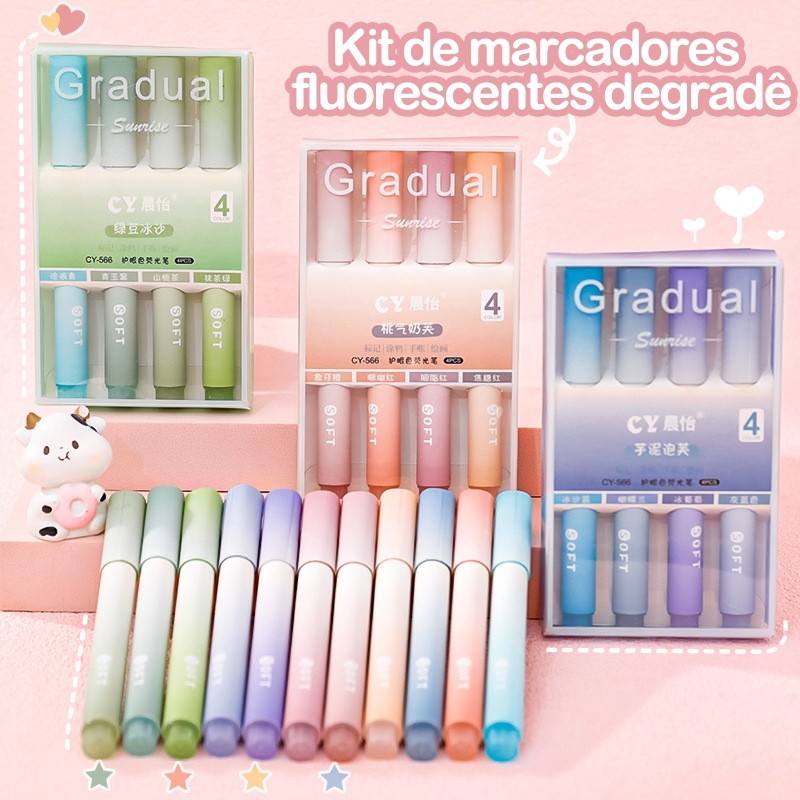 4 Cores Marcadores fluorescentes degradê – Linhas grossas e finas, 0,5mm/4mm, cores protetoras para os olhos em Oferta na Shopee