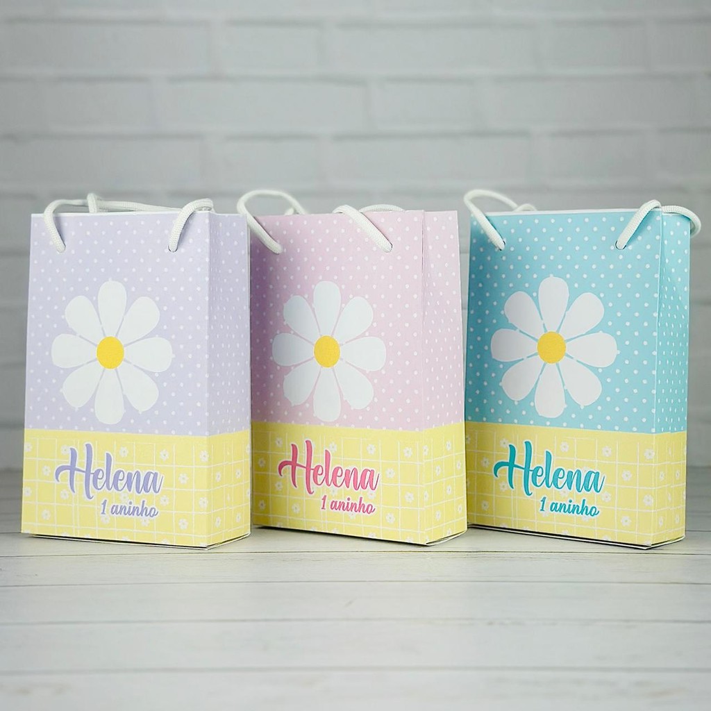 Sacolinha Margaridas Rosa Azul e Lilás | Personalizada Com Nome | Aniversário Lembrancinhas Personalizados Sacola Doces