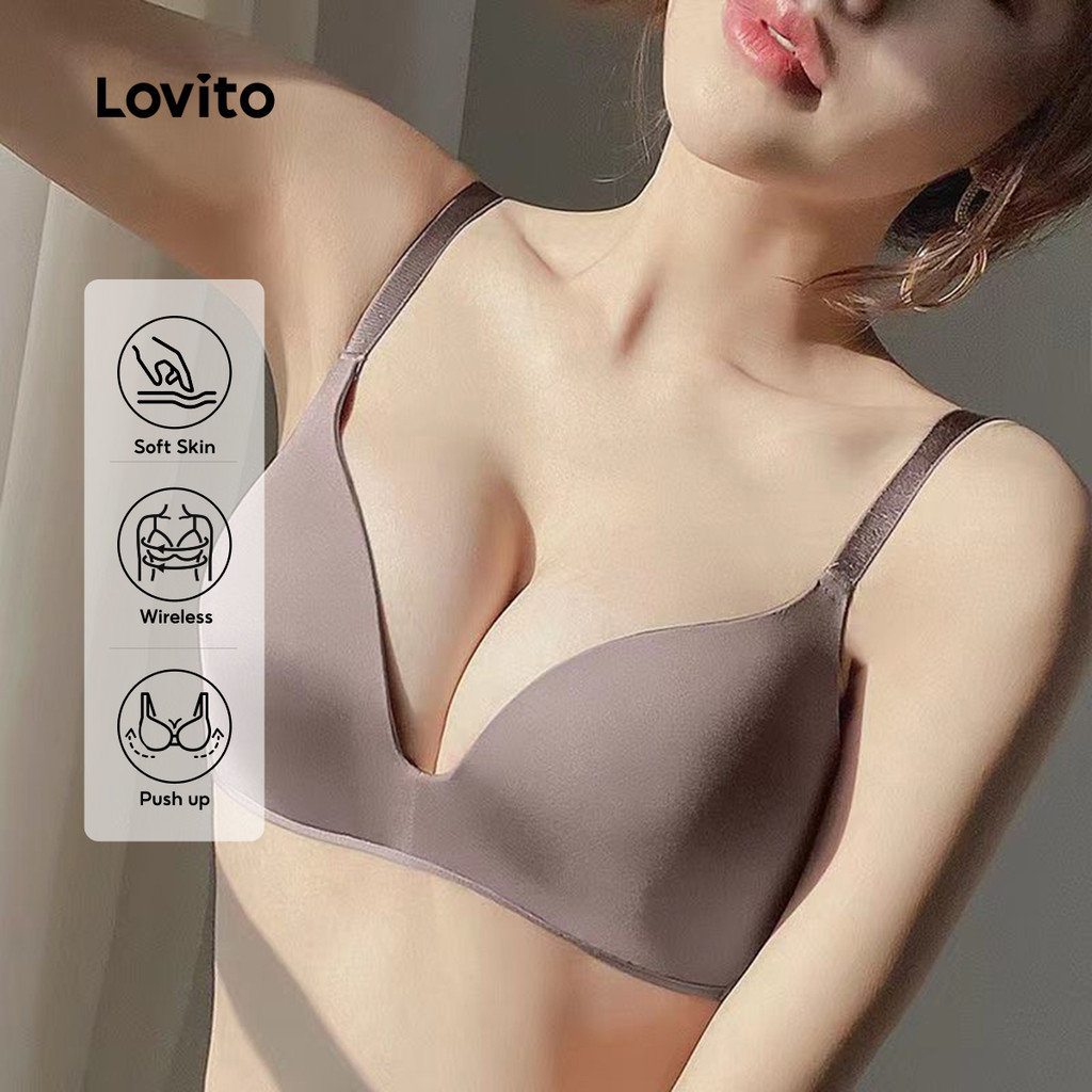 Lovito Bralette Casual Básico Textura Delicada Pele Macia Sem Fio Push Up Marrom Bralette Para Mulheres LNL107X009 em Oferta na Shopee