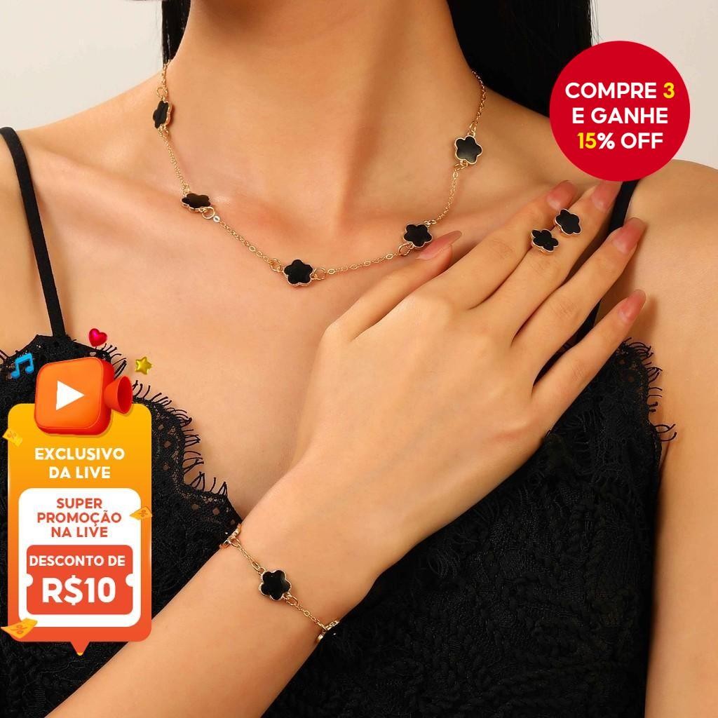 Conjunto de Joias Coreanas de Trevo de Cinco Folhas: Colar, Pulseira e Brincos para Mulheres - Presente da Sorte.