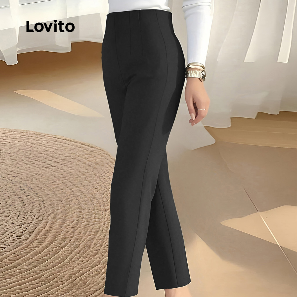 Detalhes do Lovito Calça Casual Clássica E Versátil Verão/primavera Com Pregas Preta Todas As Estações Para Mulheres L149ED286