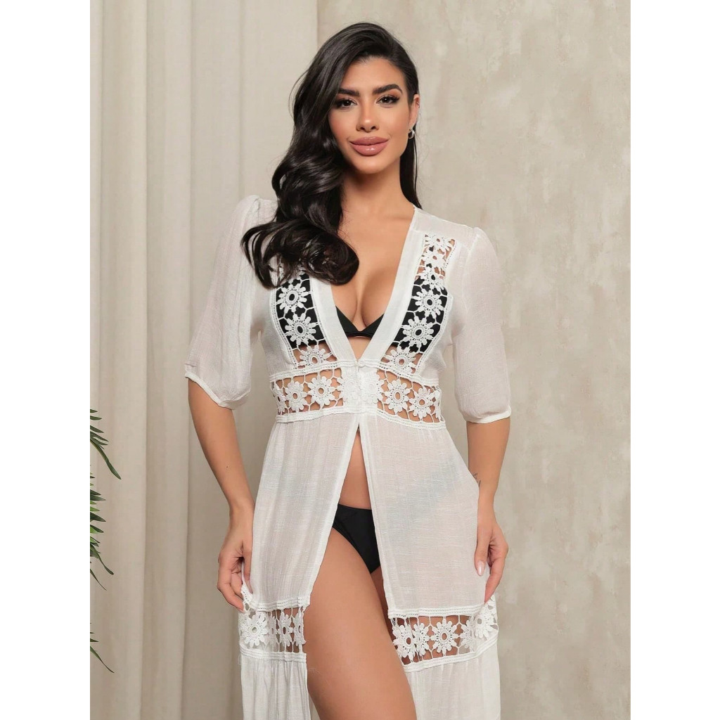 Uma camisa de praia oca indispensável de verão  Casual Confortável Para Casa ou Lazer Feminino Moda