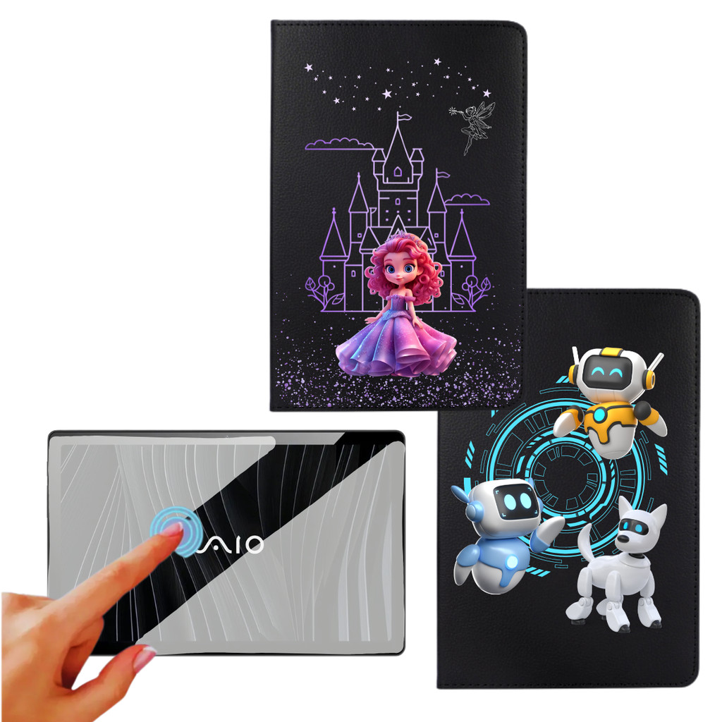 Kit Capa Giratória Universal Estampada (Robô ou Princesa) + Película de Plástico para Tablet VAIO TL10 10.4