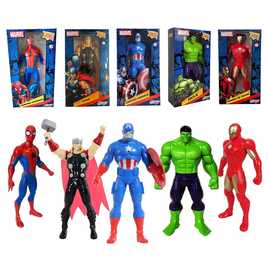 Kit 05 Boneco Marvel Avengers Thor Hulk Iron Man Spider Capitão Vingadores