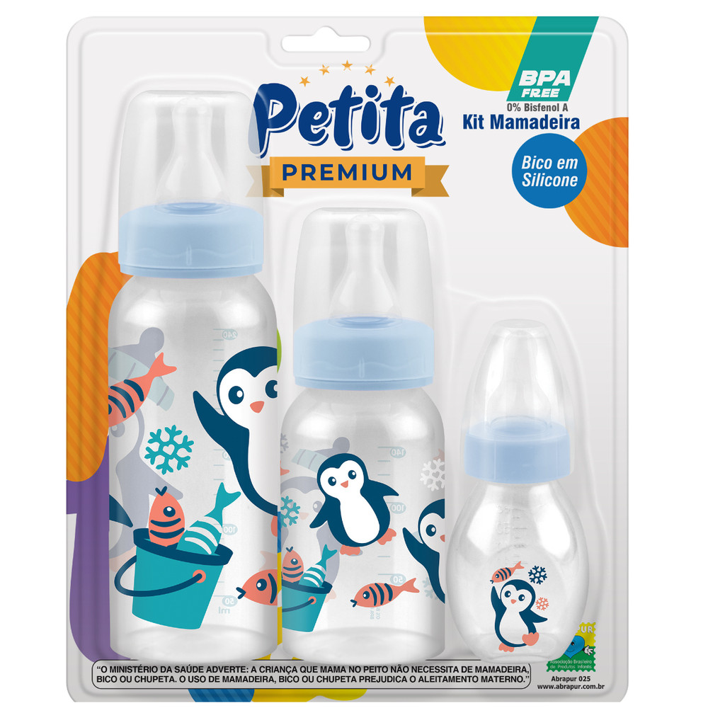 Kit 3 Mamadeiras bebe Premium  240 ML 140ML  60ML Bico Silicone Petita