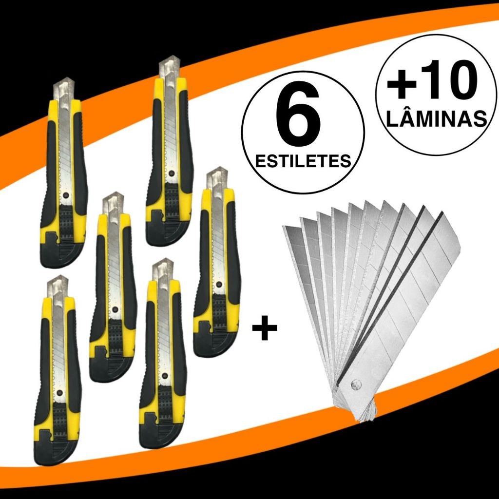 KIT COM 6 ESTILETES + 10 LAMINAS PROFISSIONAL ALTA QUALIDADE EMBORRACHADO 18MM C/LAMINA em Oferta na Shopee