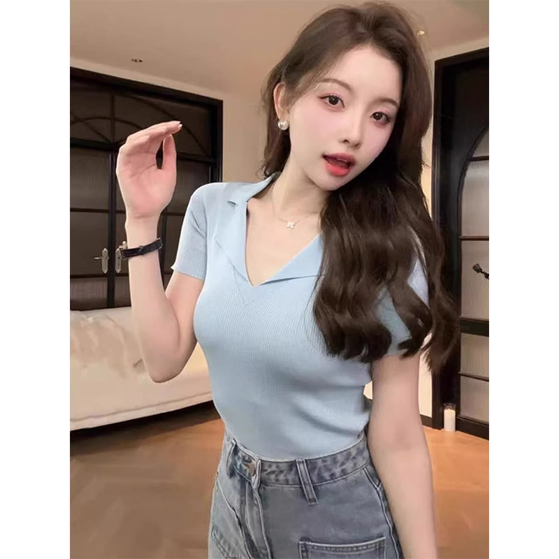 Estilo coreano azul camisa polo de manga curta camiseta feminina 2026 verão fino ajuste ombro com decote em v malhas lap