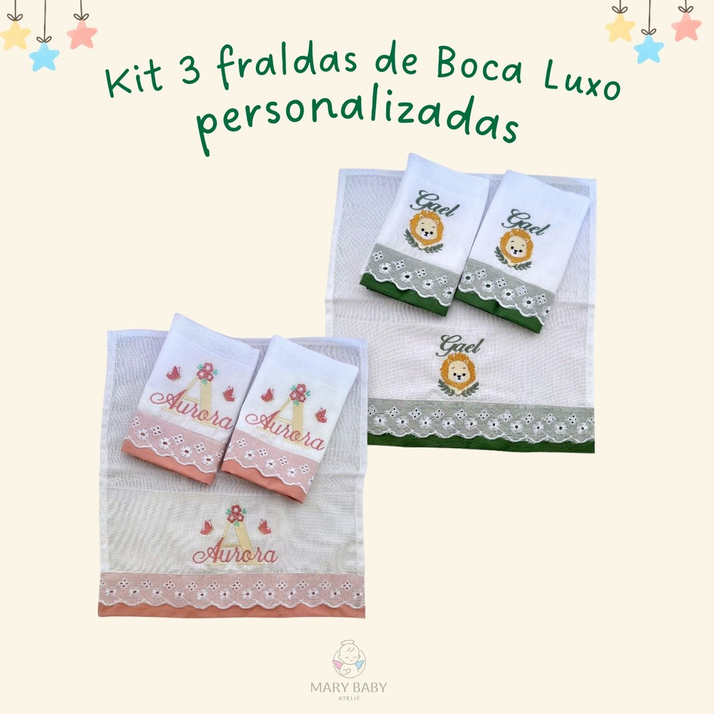 Kit 3 Peças Fralda Paninho de Boca Luxo Nome Bordado Personalizado para Bebê Infantil Menino Menina