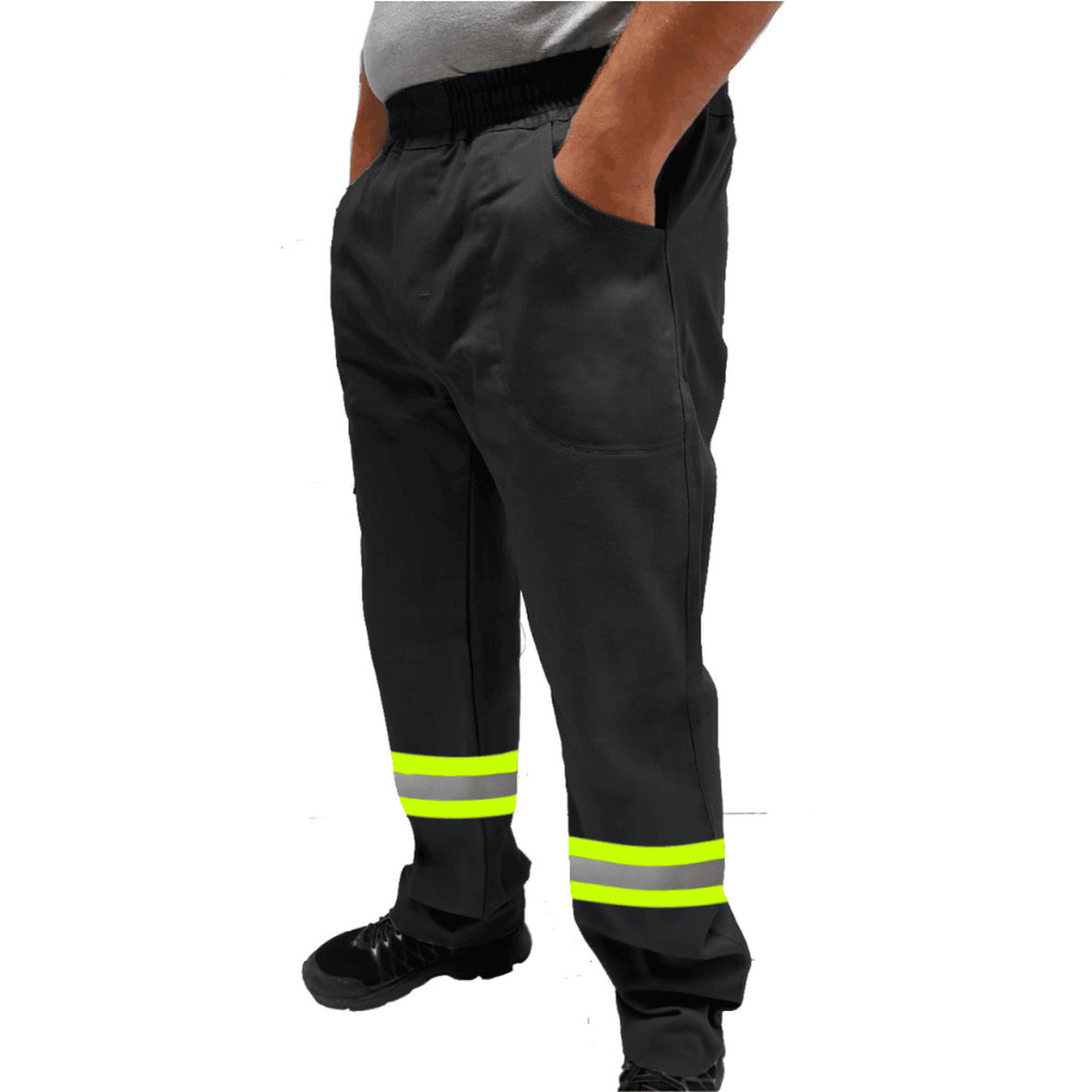 Calça de Uniforme Soldador Brim Profissional Reforçada Com Faixa Refletiva Verde