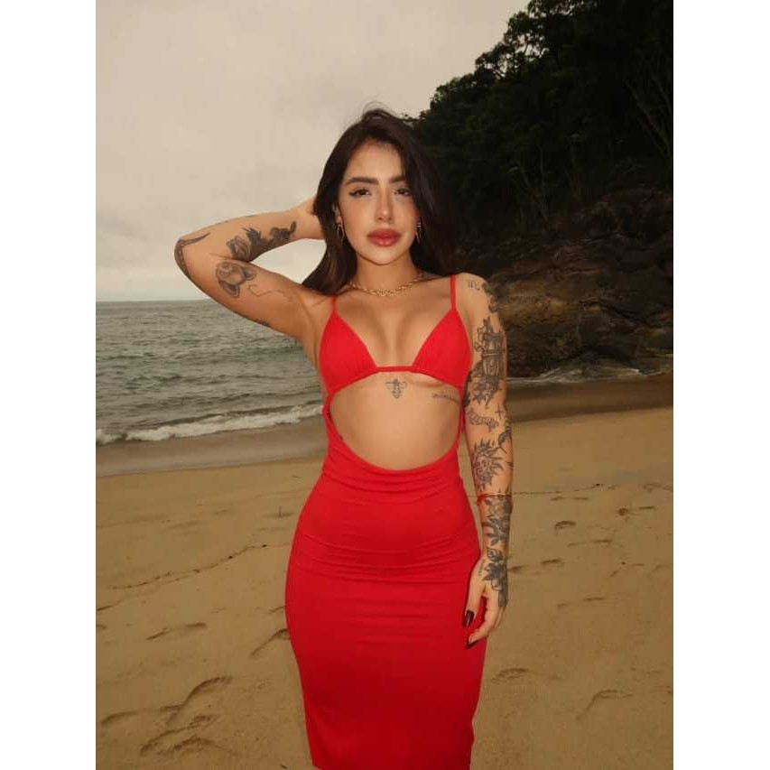 Vestido Feminino longo com alças ajustáveis Parte de Cima Modelo Biquini Vermelho Suplex Liso Modelo Gringa
