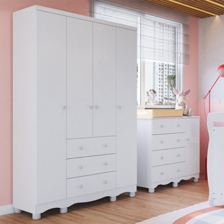 Quarto Infantil com Guarda-roupa 4 Portas e Cômoda 1 Porta 100% Mdf Mimo Espresso Móveis Branco Brilho em Oferta na Shopee