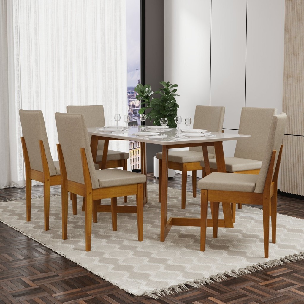 Conjunto Mesa Califórnia com Vidro 6 Cadeiras Dakota Cerejeira Tecido A40 100% Madeira Maciça Natural/Palha em Oferta na Shopee