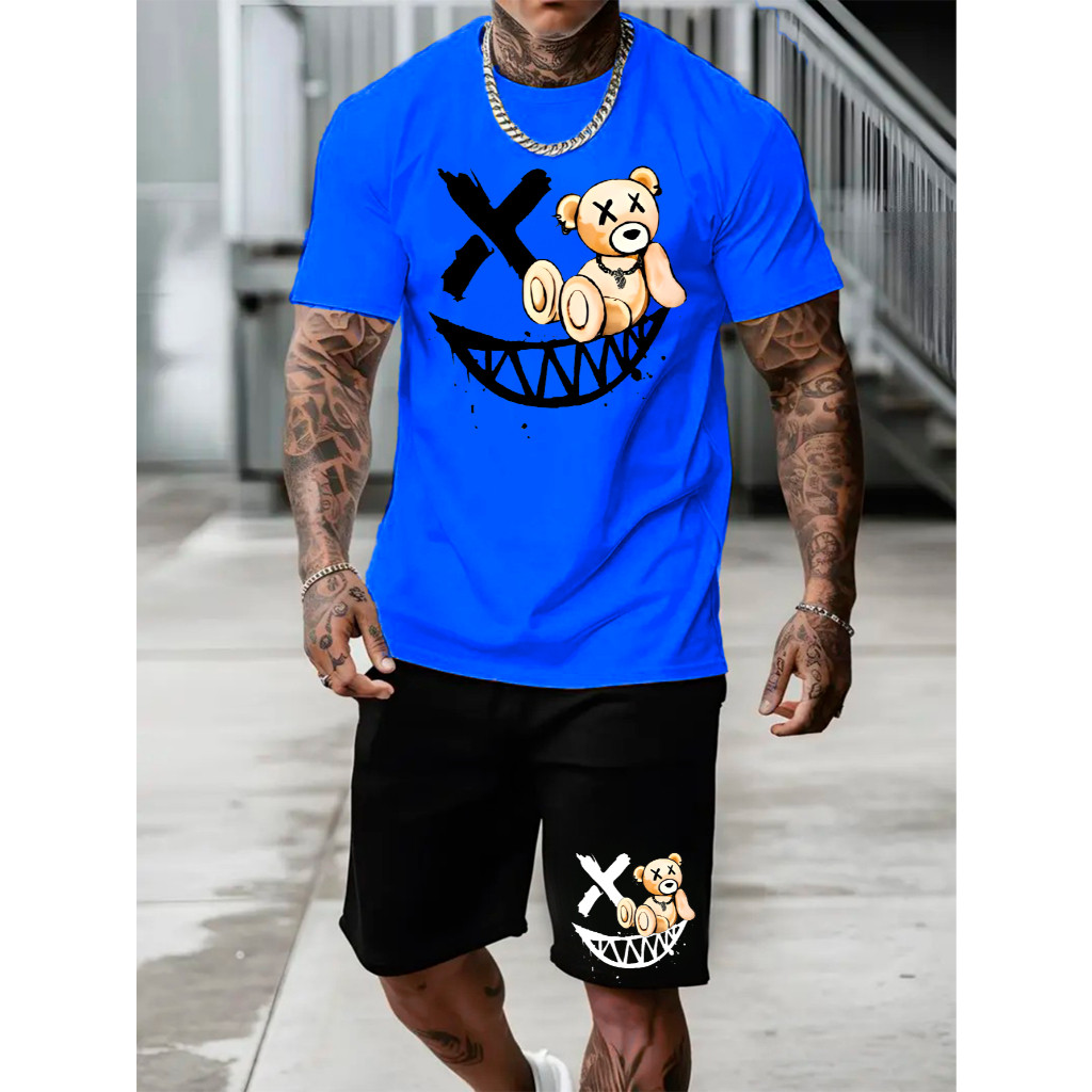 Kit Camiseta 100% Algodão + Short Tactel Masculino Ursinho Sorriso Estampa Exclusiva