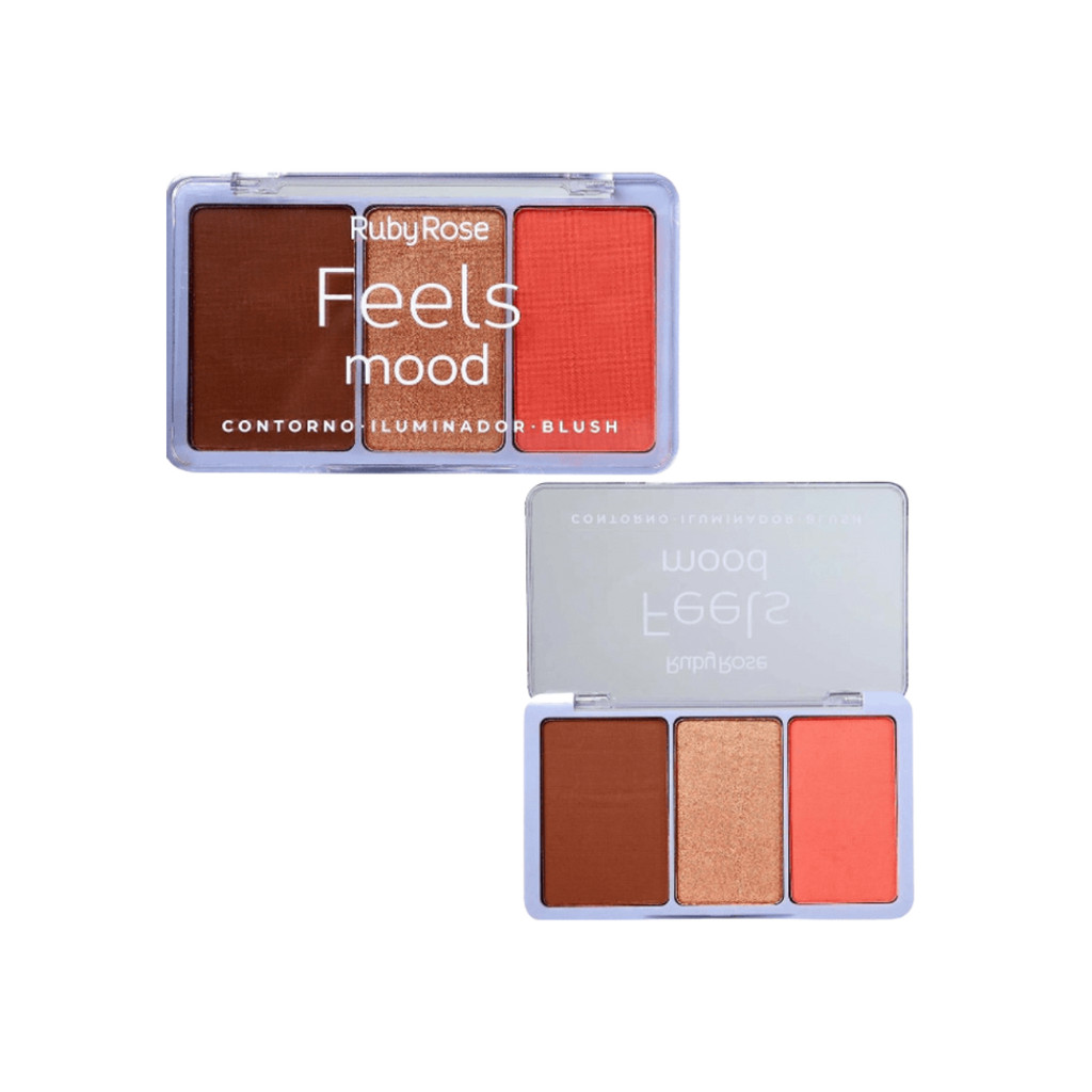 Paleta Trio Blush Iluminador Contorno 3 Feels Mood Ruby Rose Tom da maquiagem Rosado