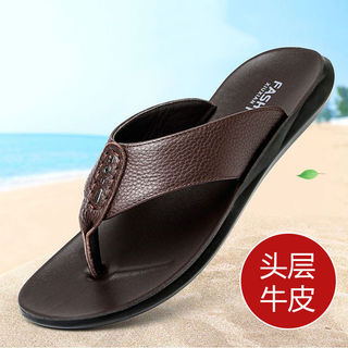 Sandálias masculinas verão novo estilo primeira camada de couro Flip-Flops casuais sapatos de praia couro genuíno respir