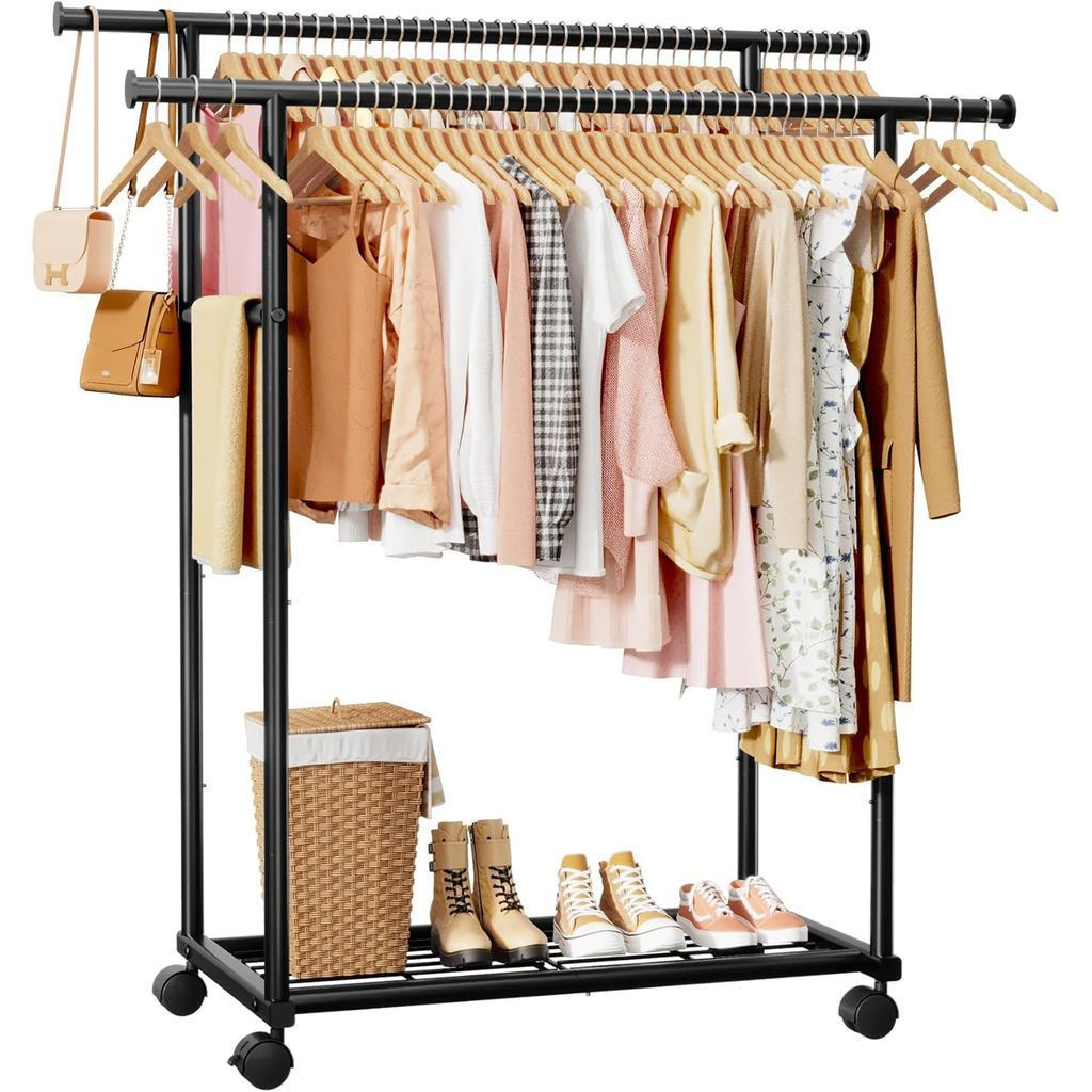 Suporte de Roupas de Metal - Suporte de Roupas com Barra Dupla e Barra de Extensão Fixa e Rodas Universais, Cabideiro co