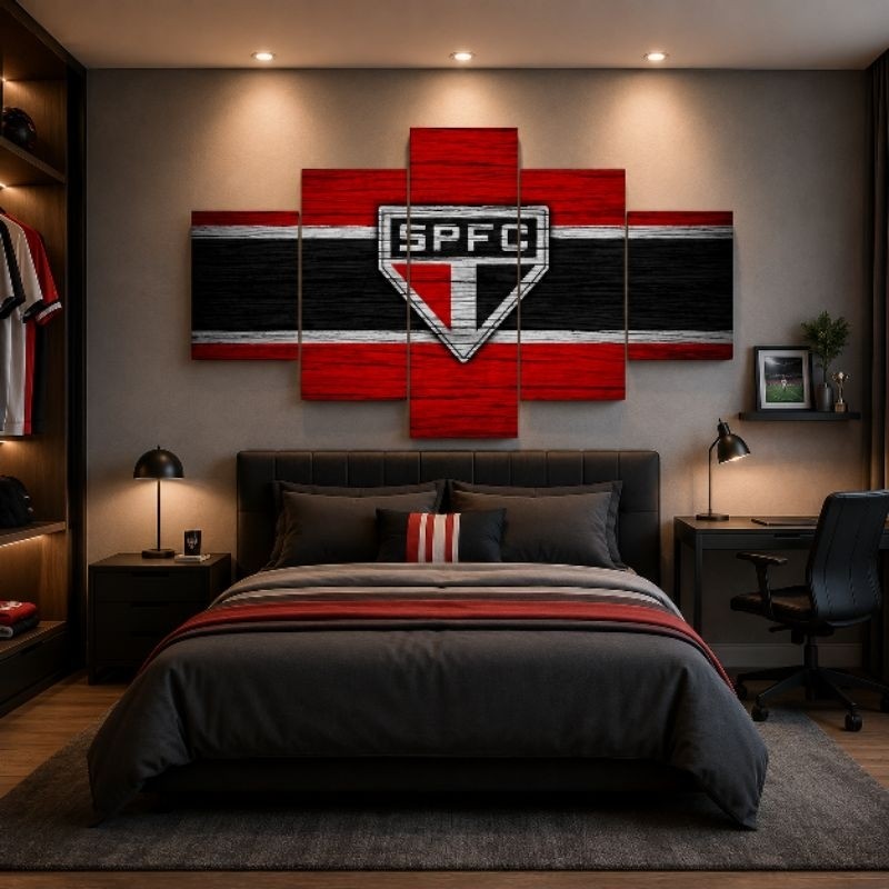 Quadro Decorativo Mosaico São Paulo Futebol Clube 5 Peças Decorativo Sala Quarto MDF Premium