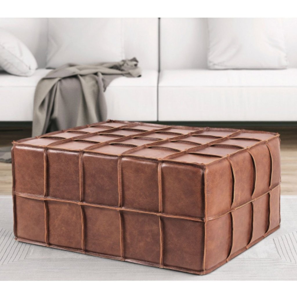 Puff de Couro Legítimo Decorativo 80x60x40 cm Queen Marrom Camel Camel