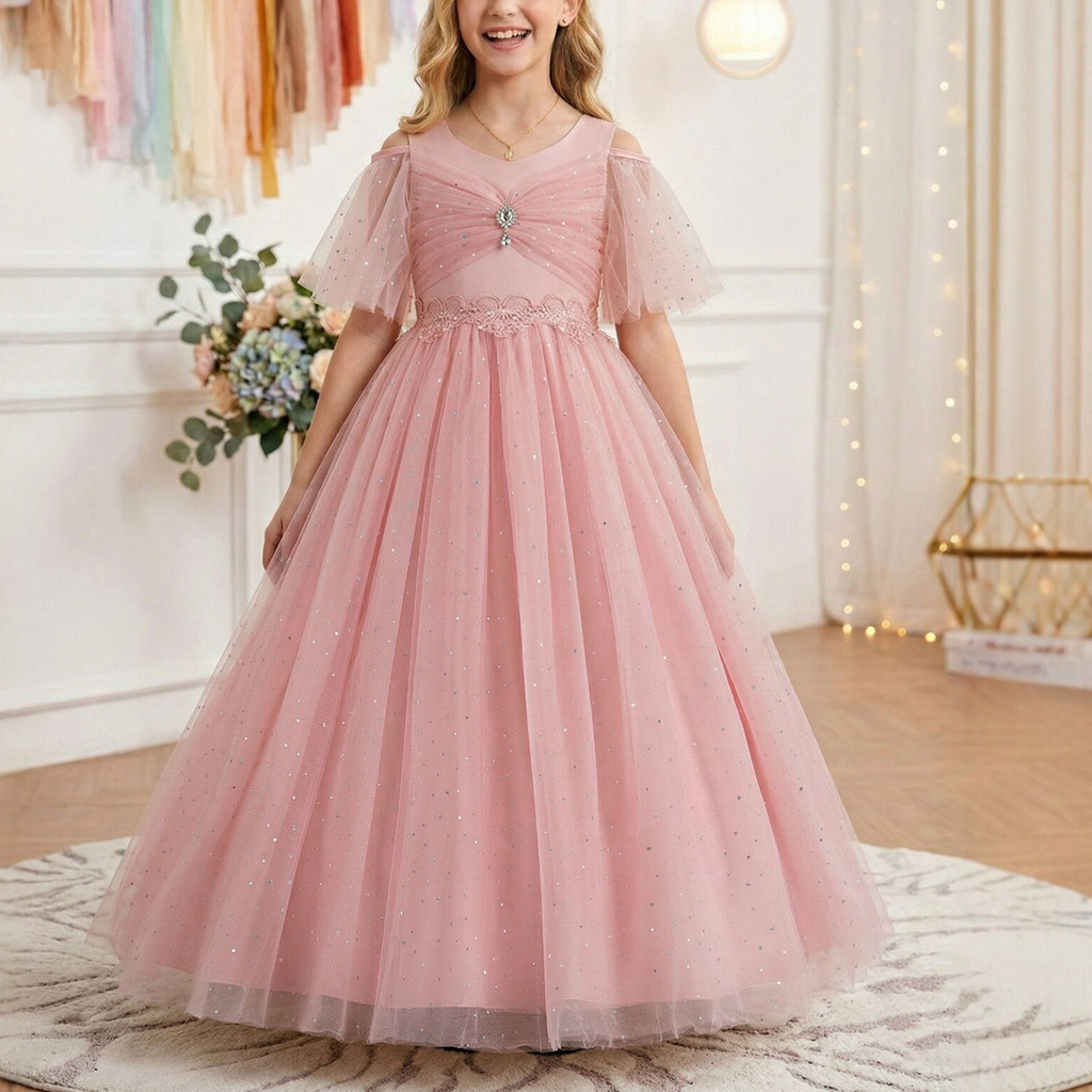 Uma peça atacado médio grande crianças meninas longo vestido de gaze saia Cross-Border comércio exterior flor menina mos