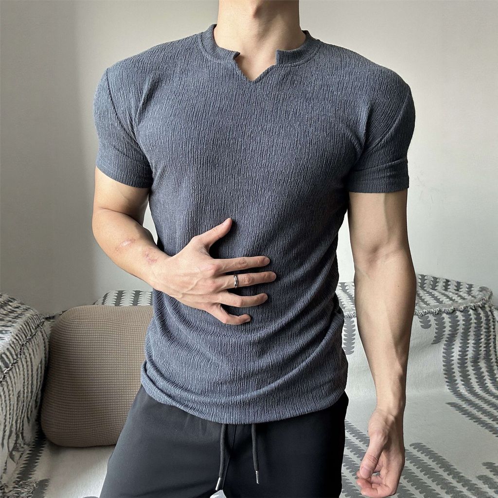GD punhos de textura alta fixa olhar grande camiseta de manga curta masculina verão esportes lazer Fitness treinamento c