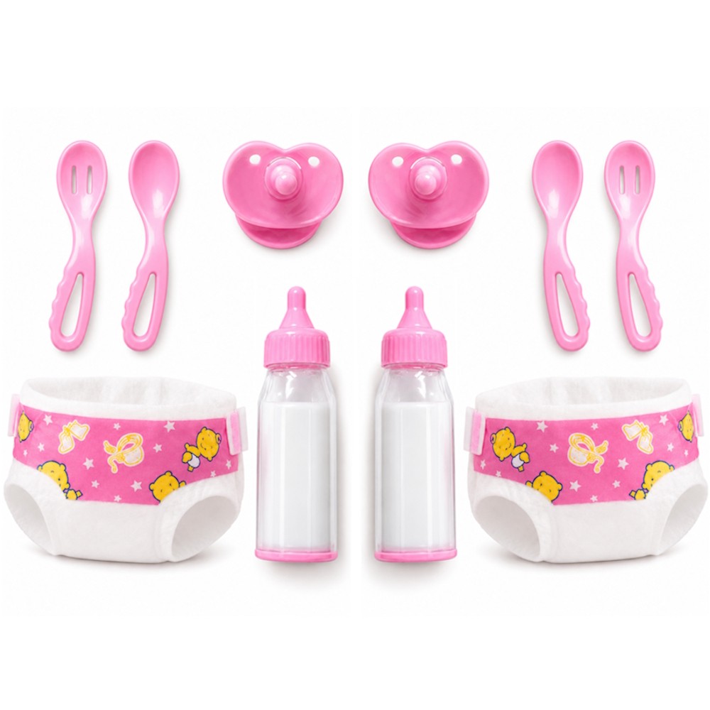 Kit Acessórios Para Boneca 10 Peças Fralda Mamadeira Mágica Chupeta Talheres