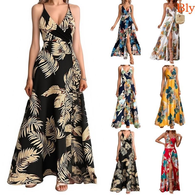 Bly Vestido Longo Feminino Boêmio chiffon Estampa floral Com Decote Em V