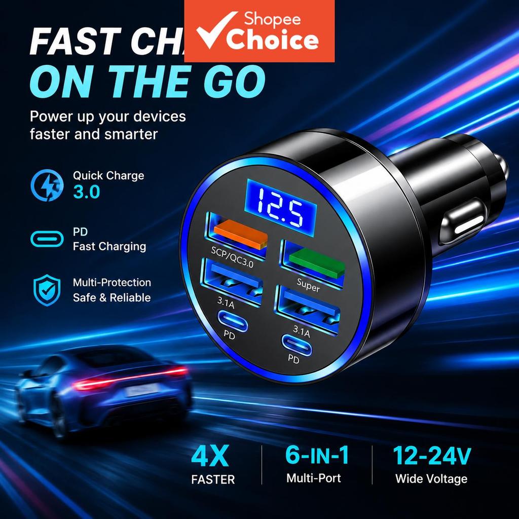 6 Portas Carregador Veicular Super Rápido USB Conversor de Acendedor de Cigarros Plug Multi Furo Adaptador Carregador