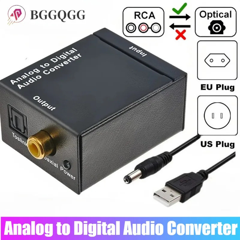 Conversor de Áudio Analógico para Digital ADC, Adaptador de Áudio RCA para Óptico Toslink, Conversor de Áudio Coaxial e