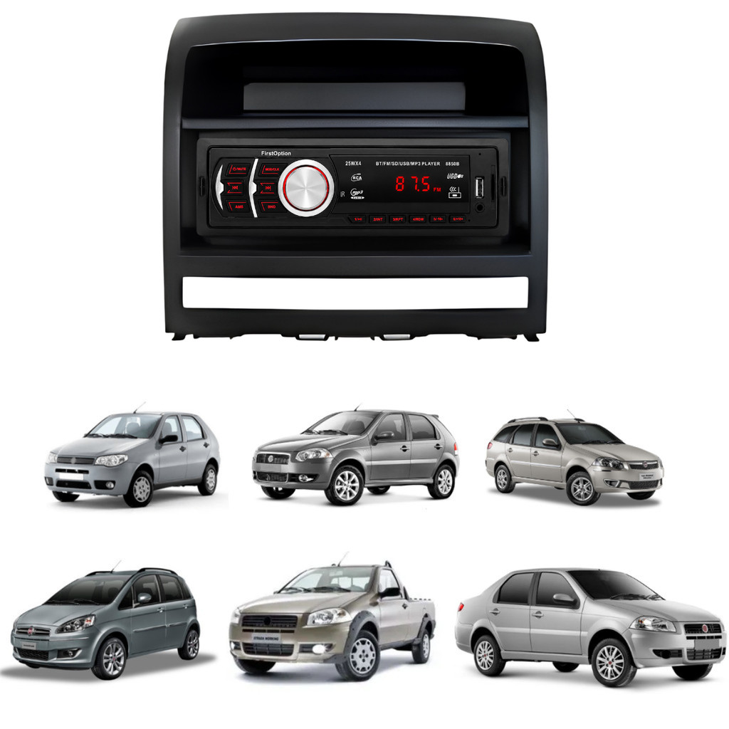 Moldura Painel 1 DIN Rádio Som Fiat Palio Siena Strada Ideia MP3 USB, bluetooth e leitor de cartão SD