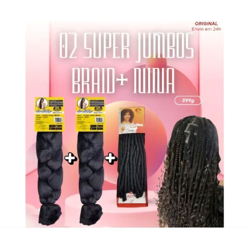 Kit com 2 Jumbos Ser Mulher 399g + Fibra Nina Softex – Ideal para Tranças e Box Braids Gypsy Braids Super X Kanekalon