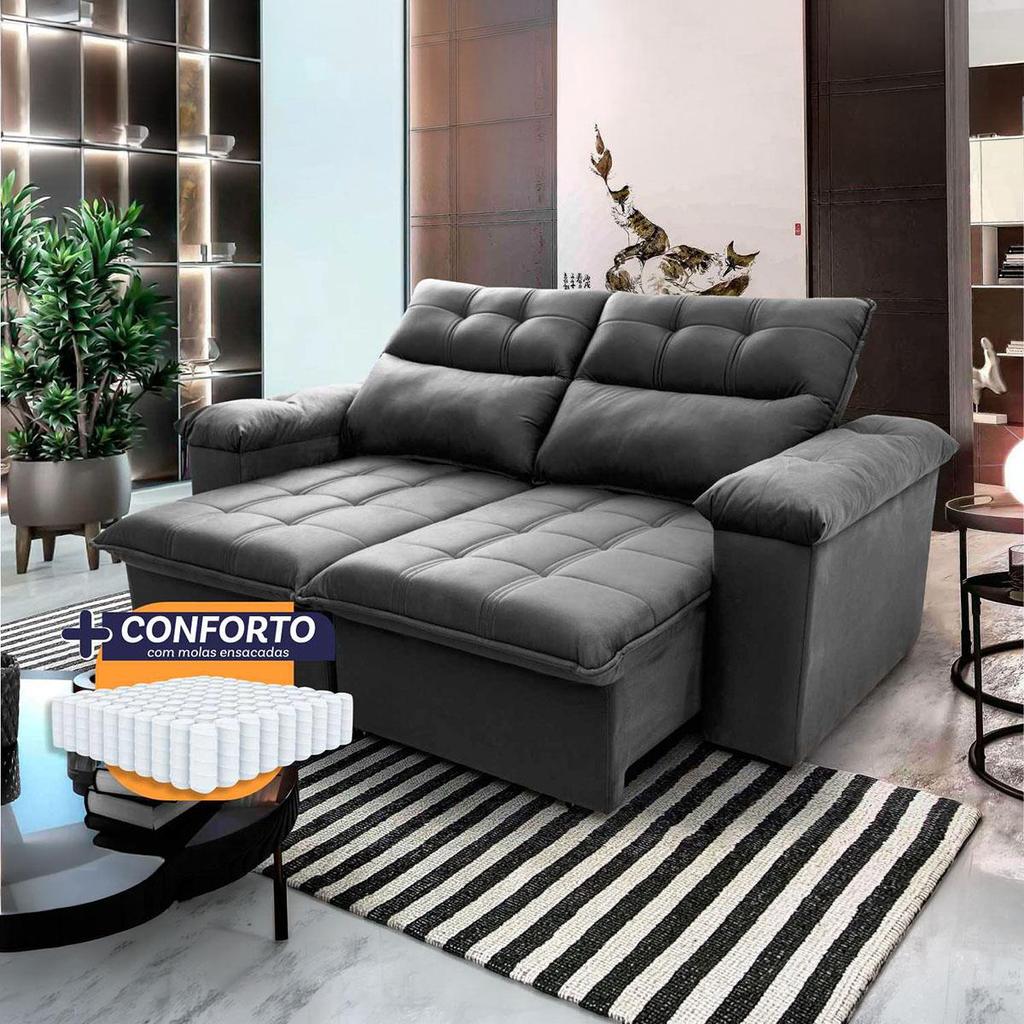 Sofá Retrátil Reclinável Verona 2,00m Suede Velut Cinza Molas Ensacadas - King House